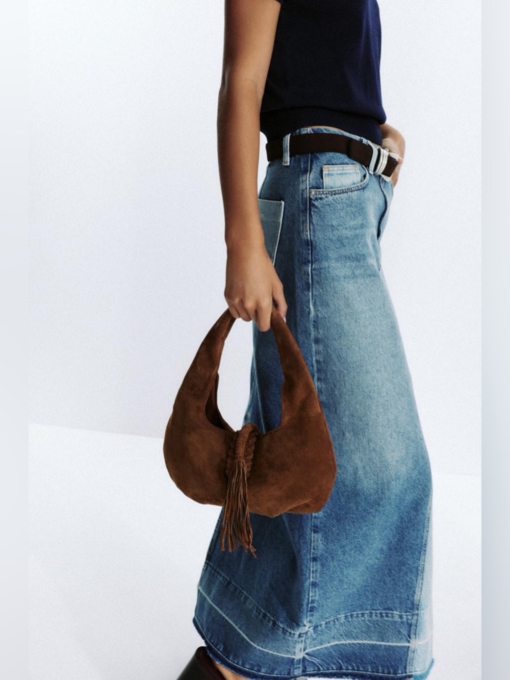 Zara Natural Suede Braided-Trim Fringe Hobo Bag in Brown - Picture 5 of 8